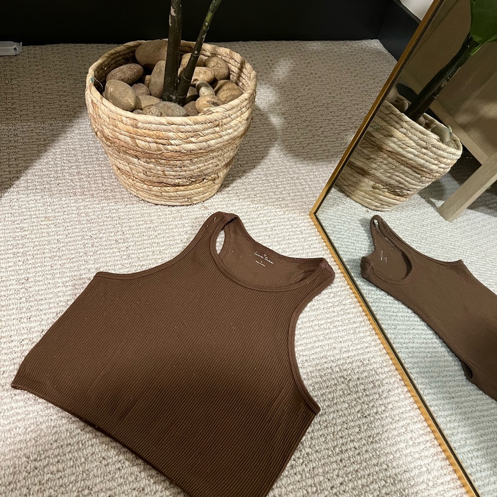 Brown Ribbed Crew Neck Tank Top